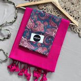 Pink Handloom Khadi Cotton Saree With Rama Mango Print Blouse